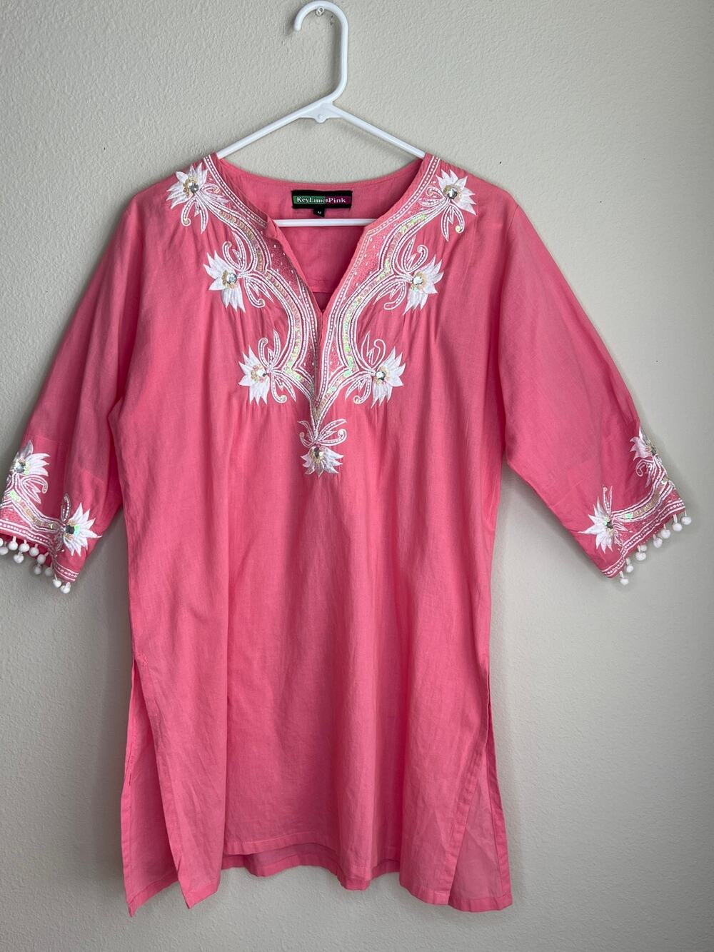 Key Lime Pink Medium Cotton Embroidered Embellish Tunic Top Pom Pom Fringe Pink